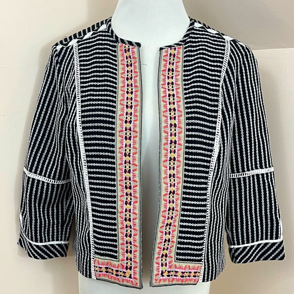 Rafaella Mixed Prjnt Black White Pink Open Cropped Blazer Jacket PS